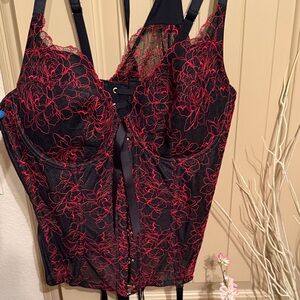 Savage X Fenty Black and Red Lace  boned corset with matching underwear